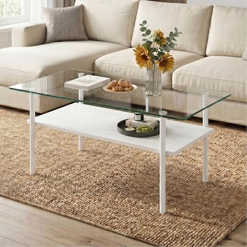 IANIYA Glass Coffee Table Modern Center Table, Coffee Table for Living Room, Tempered Glass-top with Sturdy Metal Frame, Easy Assembly, White