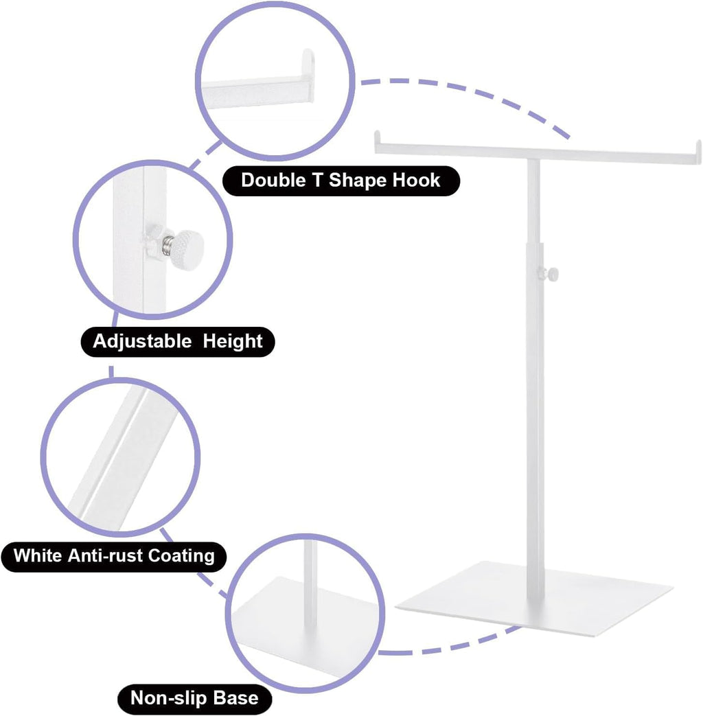 Purse Display Stand T Shaped, Countertop Jewelry/Scarf/Handbag T-Bar Display Stand, Tabletop Double Hook Hanging Stands for Long Necklaces, Metal with Adjustable Height (White, 2Pcs)