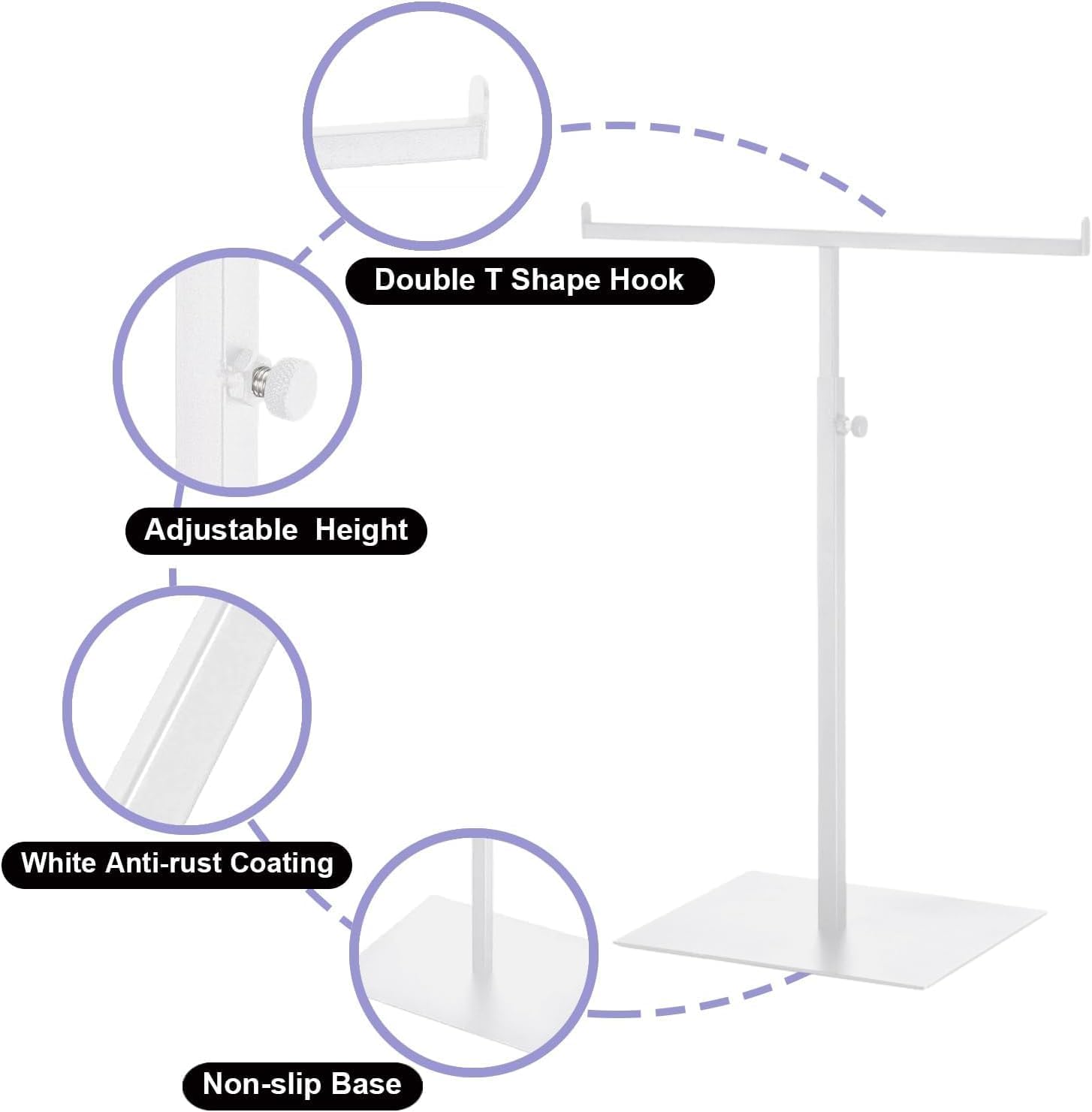 Purse Display Stand T Shaped, Countertop Jewelry/Scarf/Handbag T-Bar Display Stand, Tabletop Double Hook Hanging Stands for Long Necklaces, Metal with Adjustable Height (White, 2Pcs)