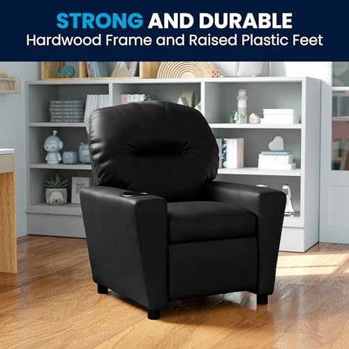 Flash Furniture Chandler LeatherSoft Kids Recliner with Cup Holder and Safety Recline, Contemporary Reclining Chair for Kids, Supports up to 90 lbs., Black