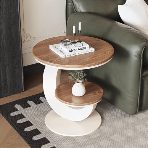Round Sofa Side Table with 2 Storage Shelves, Vintage Wooden End Tables, Smal...