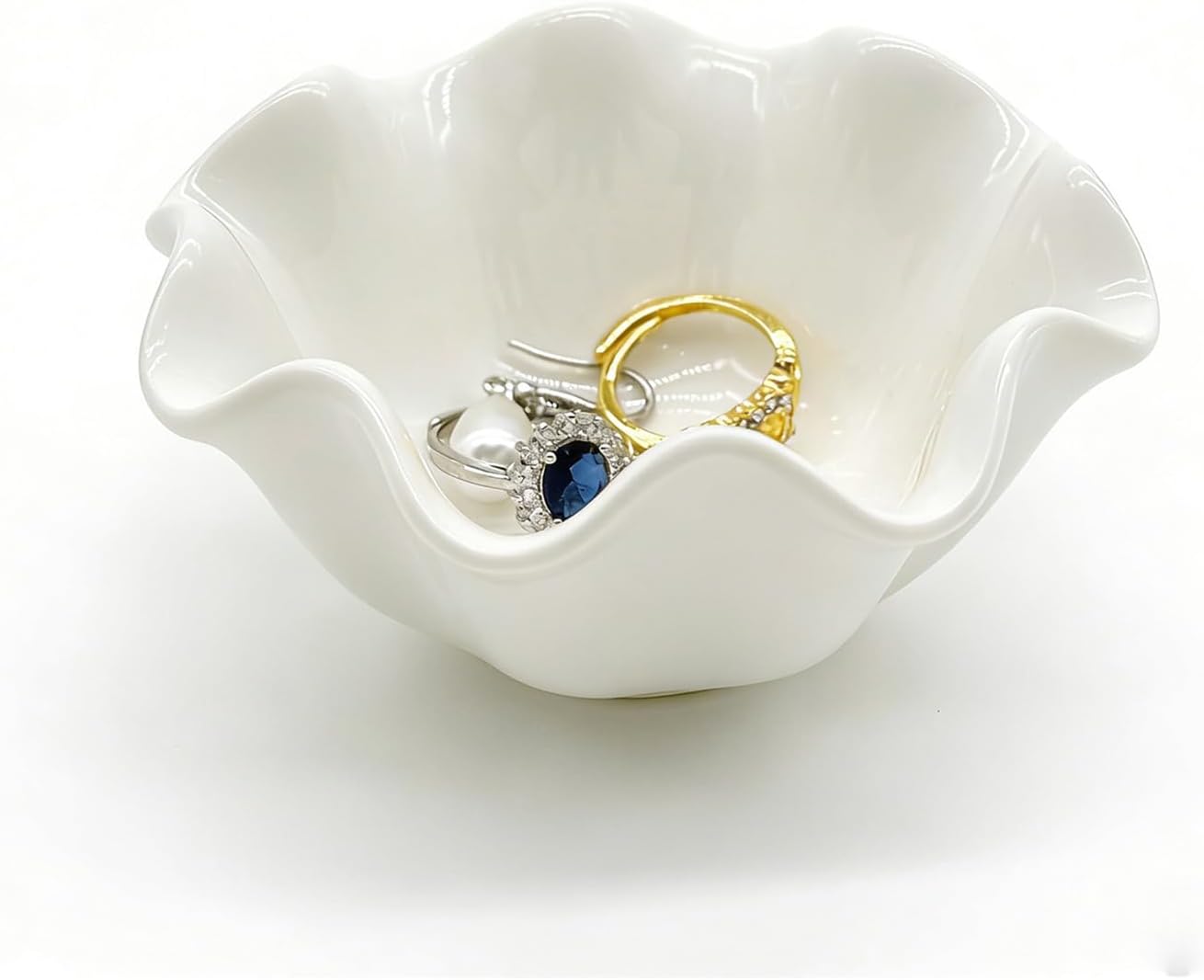 White Flower Jewelry Dish, 3.5″ Lotus Jewelry Bowl Ring Holder, Ceramic Jewlery Tray Cute Vanity Nightstand Bathroom Room Decor Trinket Dish Valentine's Friendship Birthday Gifts for Women Mom