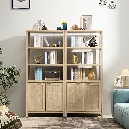 SICOTAS 71" Tall Rattan Bookshelf with Doors for Living Room Library