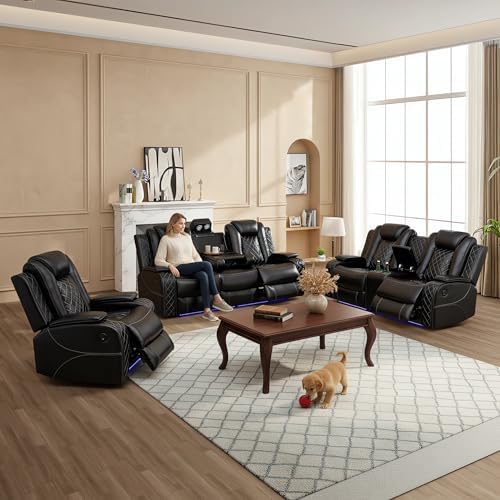 Power Recliner Sofa Set, Breathing Leather Reclining Couch Set, 3 Piece Livin...
