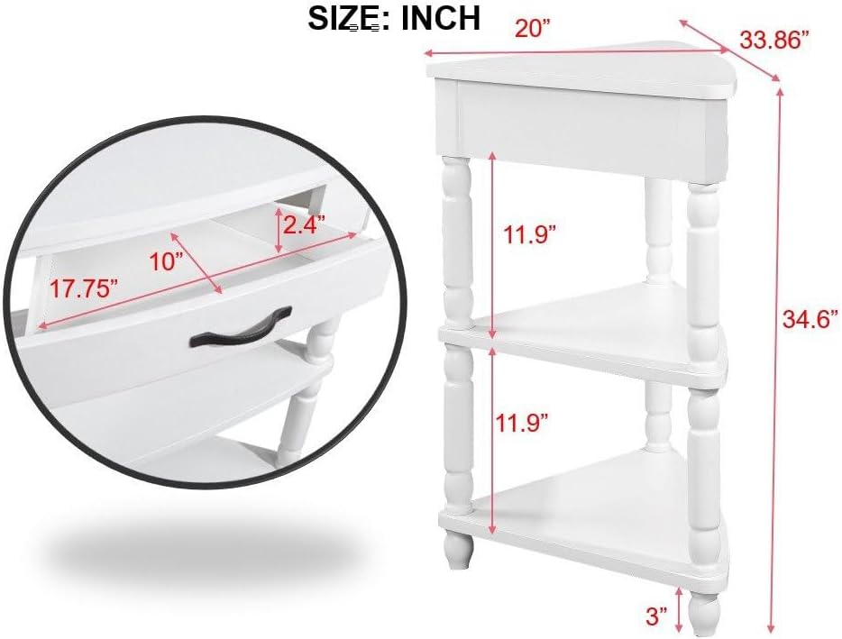 Small Triangle Corner Table Wood Corner Side Tables with Drawer & 2 Open ...