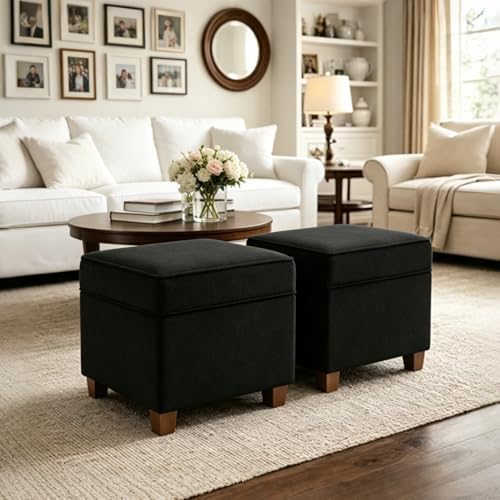 Lienen Ottoman with Storage, 17" Fabric Foot Stools Ottoman for Living Room, Upholstered Square Storage Ottomans Foot Rest, Bedroom Footstools and Ottomans with Hinged Lid, Black