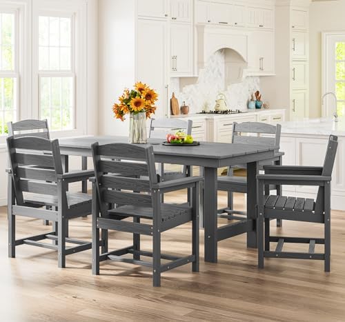 SERWALL 7 Pcs Outdoor Dining Set, 67" HDPE Dining Set for 6, Gray