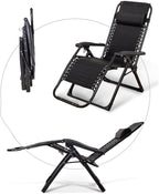 Gravity Lounge Chair Patio Adjustable Sun Lounger Garden Chairs Reclining Folding with Cup Holder and Pillow(Black+Cushion C)
