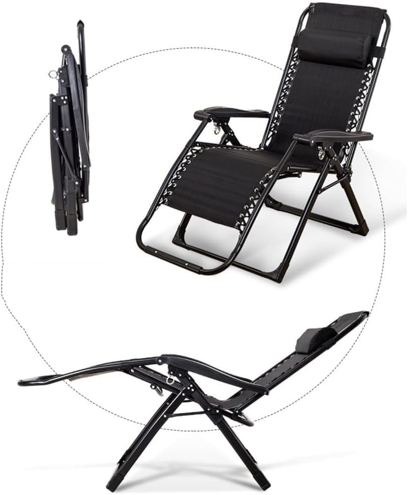 Gravity Lounge Chair Patio Adjustable Sun Lounger Garden Chairs Reclining Folding with Cup Holder and Pillow(Black+Cushion C)