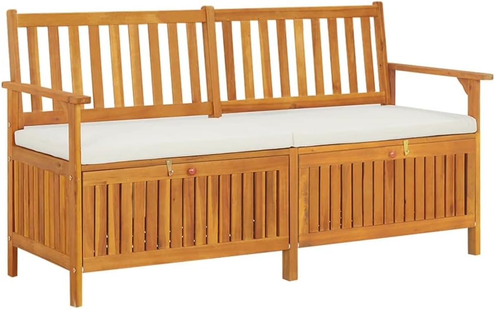 Storage Bench with Cushion 58.3 Inch Solid Acacia Wood Durable Patio Furnitur...