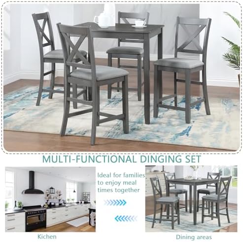 LUMISOL 5-Piece Solid Wood Table Set for 4, Farmhouse Counter Height Kitchen ...
