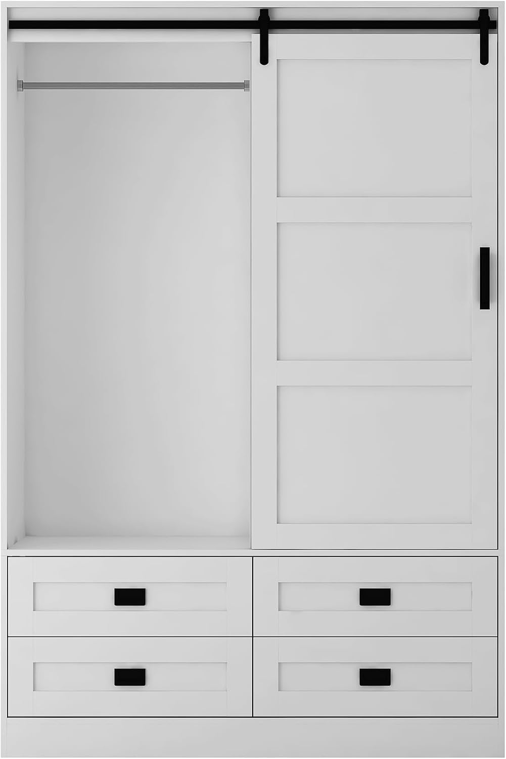 Wardrobe Closet with Sliding Barn Door, Wooden Bedroom Armoire Wardrobe Cabinet Closet with 4 Drawers, Adjustable Shelves and Hanging Rod, Bedroom Storage Closet Cabinet for Hanging Clothes, White