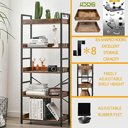 HCHQHS Adjustable 5 Tier Open Bookcase, Rustic Farmhouse Book Shelves, Indust...