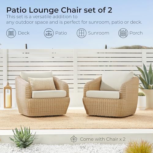 CHITA 2 Pieces Patio Wicker 360° Swivel Chairs with Removable Cushion, Backya...