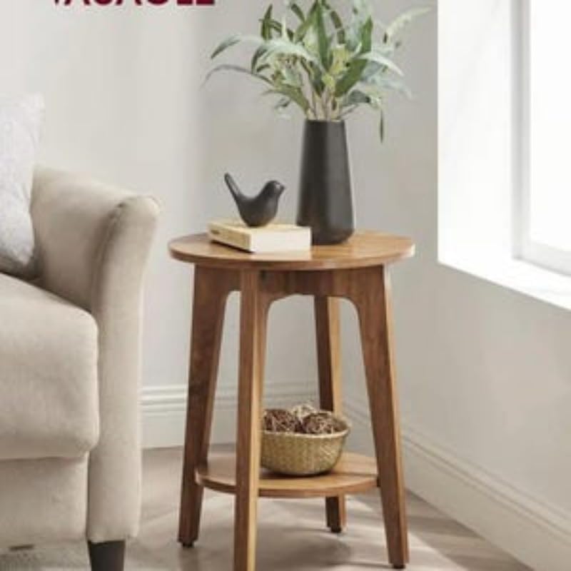 Wood Side Table, Round Coffee Table, Small Round End Tables with Lower Shelf,...