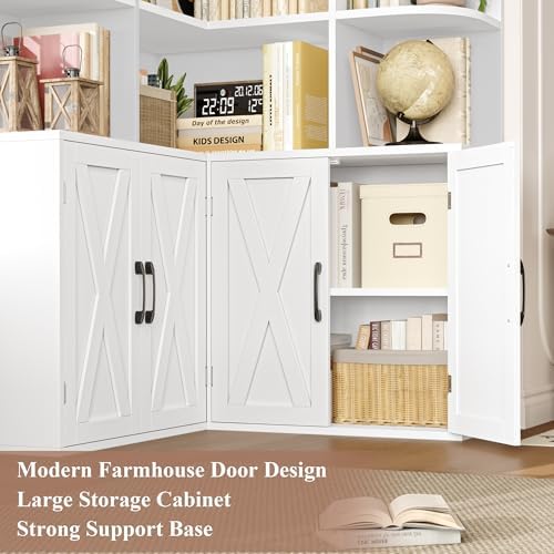 FINETONES 74" Tall Corner Bookshelf, White Bookshelf with Doors