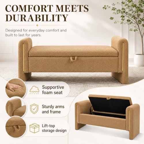 52" Upholstered Storage Bench, Brown, Armrests, Wood Frame | Mid-century...