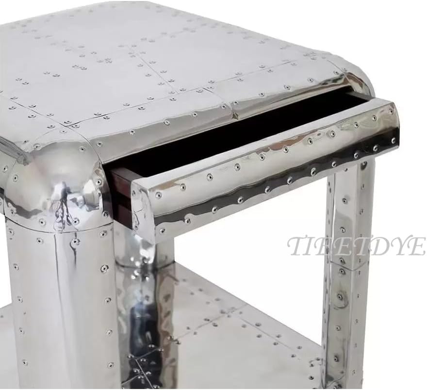 Aviator Side Table with Small Drawer Aluminum Finish Industrial Riveted Accen...