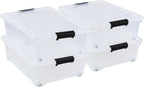 4-Pack 25 Quart Large Plastic Underbed Clothes Storage Containers Bins, Wheeled Latching Box with Lids for Closet Organizers Shoes Underbed, Clear