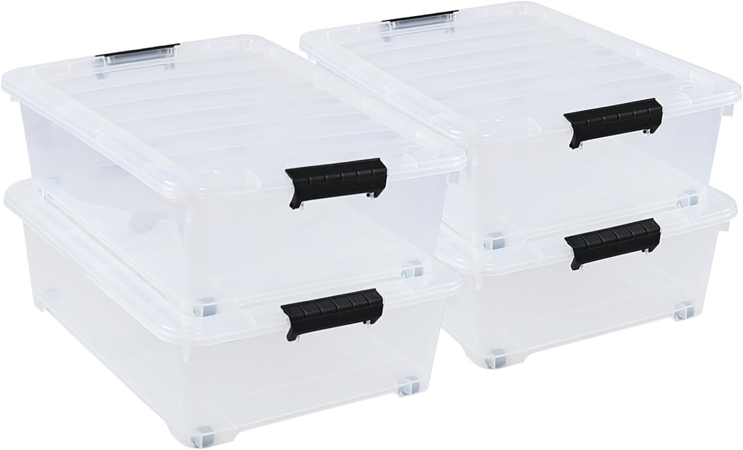 4-Pack 25 Quart Large Plastic Underbed Clothes Storage Containers Bins, Wheeled Latching Box with Lids for Closet Organizers Shoes Underbed, Clear