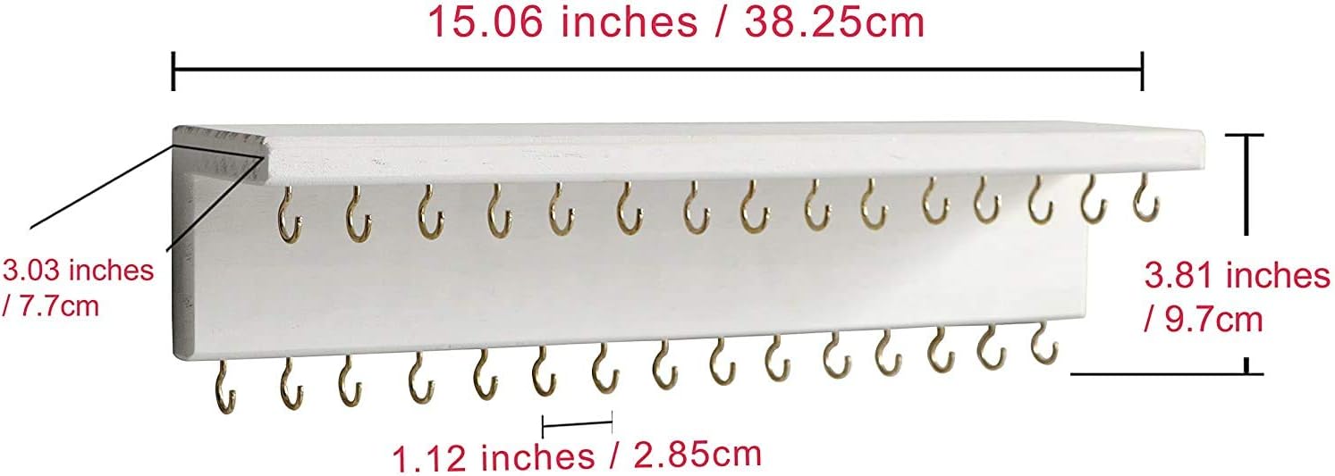 SANY DAYO HOME Jewelry Organizer with 30 Hooks and Cosmetics Shelf, 15 x 3 x 4 inches Wall Mounted Rustic Pine Wood Holder for Necklaces and Bracelets, Suitable for Kids and Adults (Retro White)