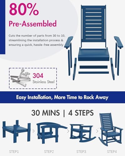 BRIOPAWS Outdoor Rocking Chairs | Set of 2 | Porch Rockers | HDPE Plastic| Blue | Oversized | Patio Rocker Chair | High Back | for Big Man | Weather Resistant | for Outside Deck Balcony Front Backyard