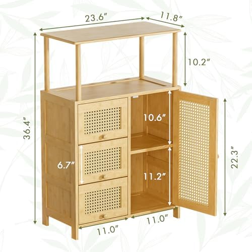 Amazer Sideboard Buffet Cabinet with Storage, Bamboo Storage Cabinets, Rattan...
