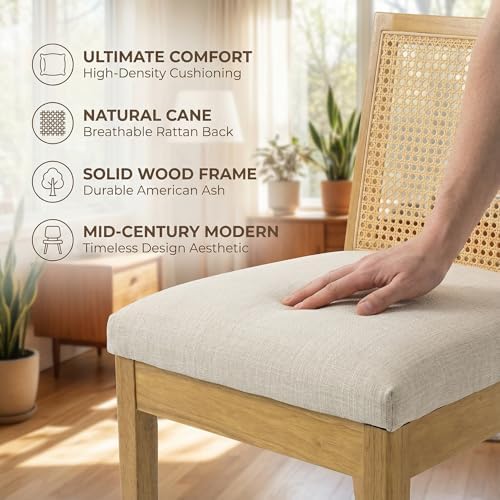 HNY Farmhouse Rattan Dining Chairs Set of 6, Natural Solid Hardwood Frame, Up...