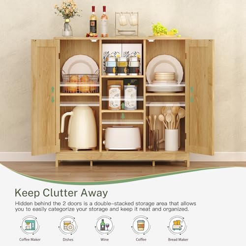 Iwell Rattan Storage Cabinet with 4 Adjustable Shelves, Coffee Bar Cabinet, S...