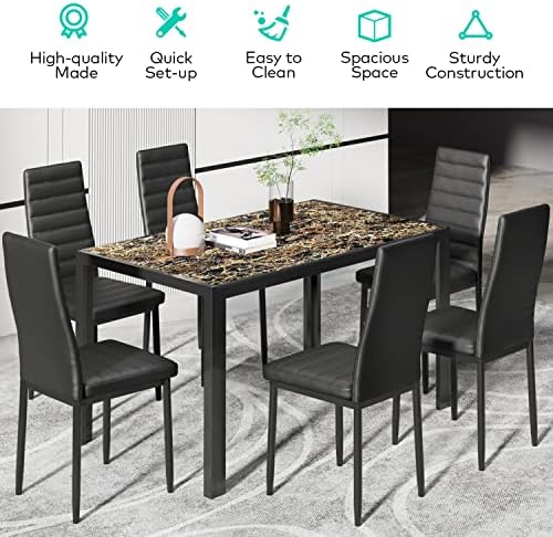 Gizoon Marble 7 Piece Glass Dining Table Set, Kitchen Table and Chairs Set