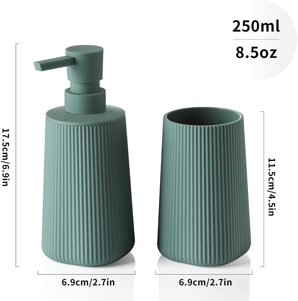 Bathroom Accessories 2 Piece Soap Dispenser and Toothbrush Holder Set Striped Sage Green