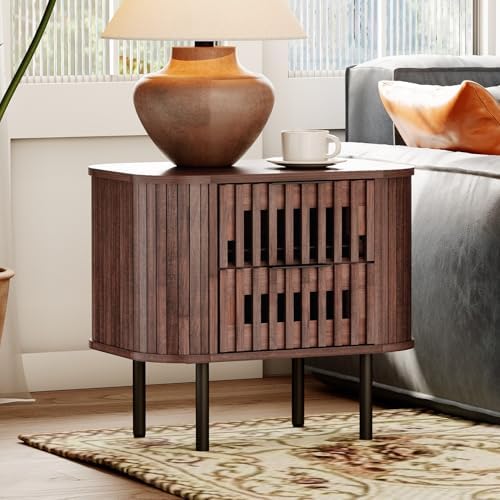 WAMPAT Fluted Nightstand, Modern Wooden End Table with 2 Drawer, Storage Beds...
