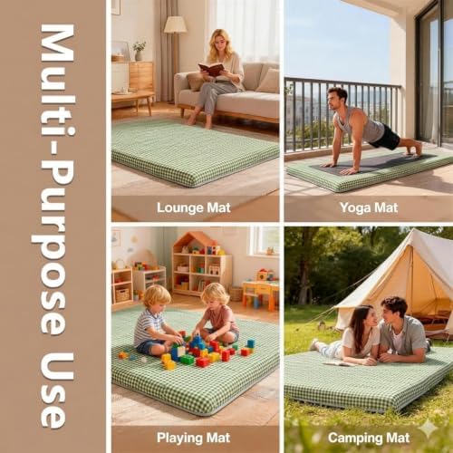 Green Gingham Japanese Floor Mattress, Queen Size 60" x 80", 3.5" Thick | High Density Foam Futon Mattress, Foldable Tatami Sleeping Pad, Farmhouse Style Roll Up Floor Bed for Dorm Guest Room