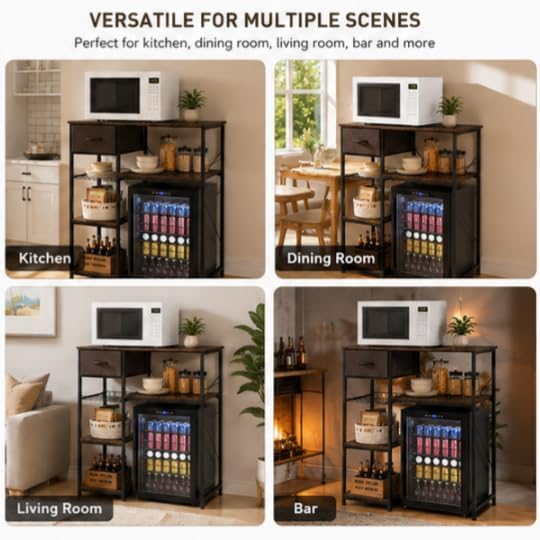 VINGLI Bakers Racks for Kitchens with Storage Mini Fridge Stand Bar Cabinet with Mini Fridge Space, Big Drawer, Wine Rack, Metal Frame Industrial Workstation Microwave Oven Stand 4-Tiers