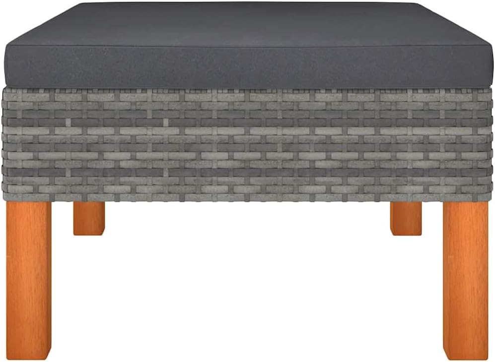 Poly Rattan Footstool with Solid Eucalyptus Wood Legs, PE Rattan Outdoor Indo...