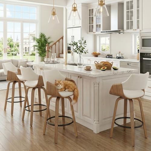 26'' Modern Barrel Swivel Counter Stools Counter Height Swivel Bar Stools with Backs Set of 4, Beige Linen Upholstered Bar Height stools, Farmhouse Solid Wood Barstools for Kitchen Island, Home Bar