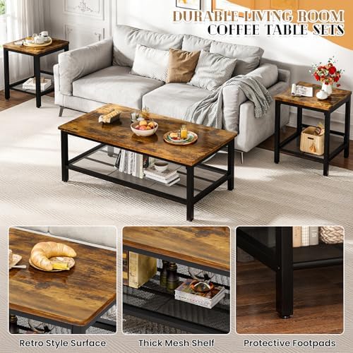 Recaceik 3-Piece Living Room Coffee Table Set, Industrial Coffee Table with 2...