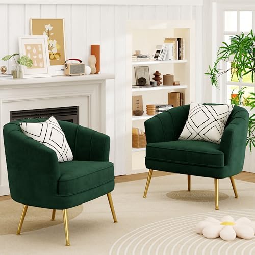 Andeworld Velvet Accent Chair, Barrel Armchair, Green | Velvet Upholstery, Go...