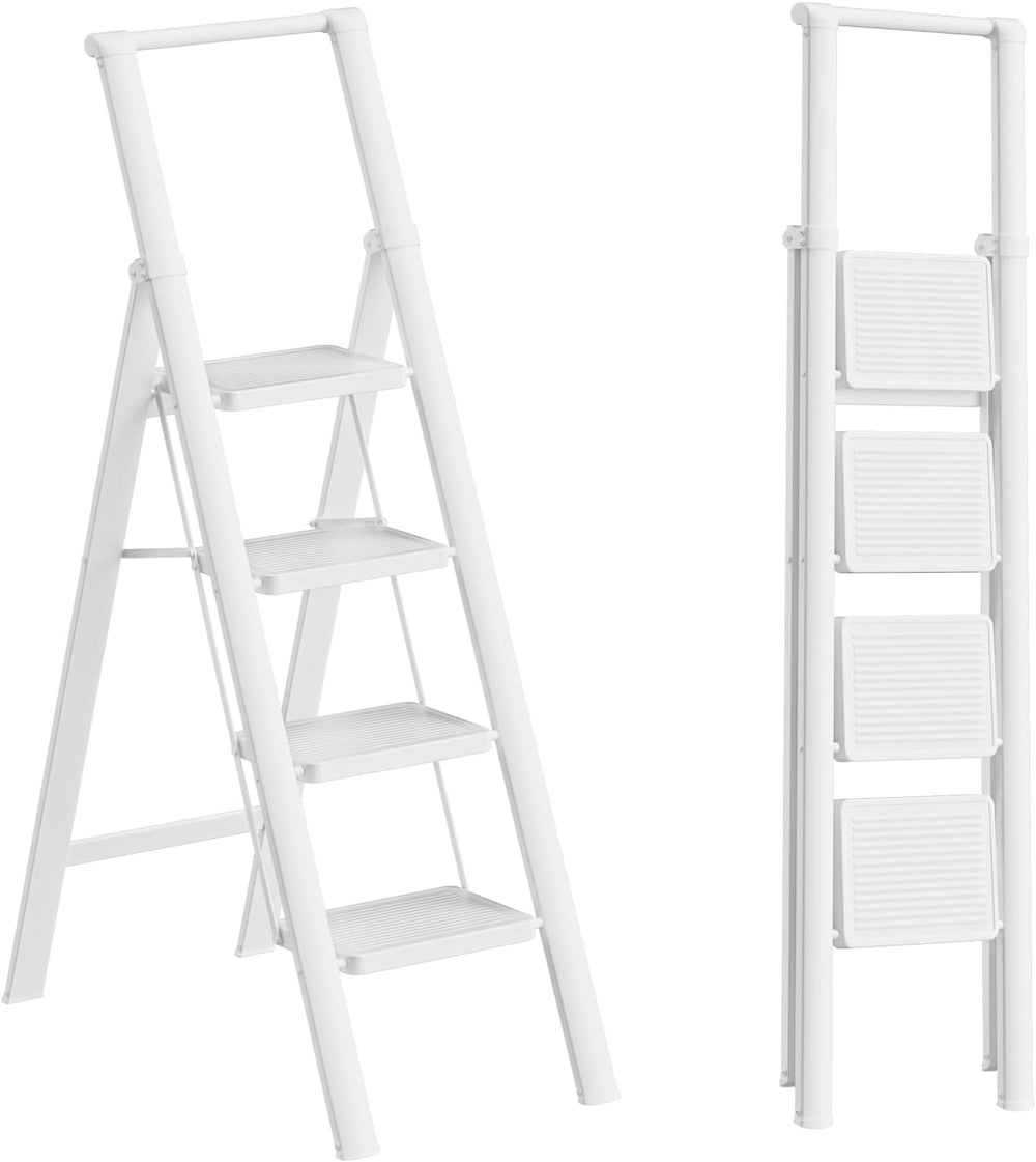 4 Step Ladder, Foldable 4 Step Stool, White