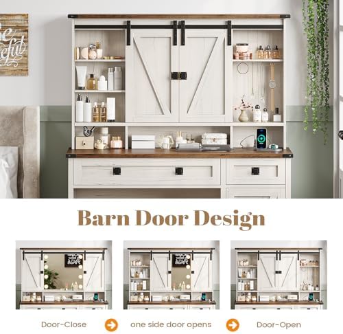 AOGLLATI Makeup Vanity with Lights & Barn Doors, Vanity Desk with Mirror ...