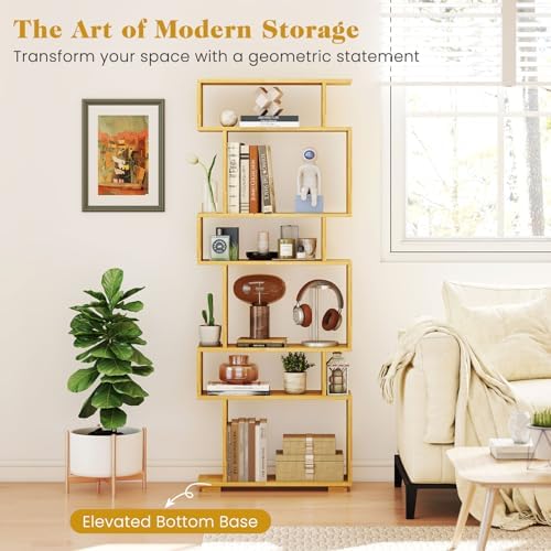 GIANTEX 6-Tier Geometric Bookshelf, S-Shaped Bookcase with 2 Anti-Tipping Kit...