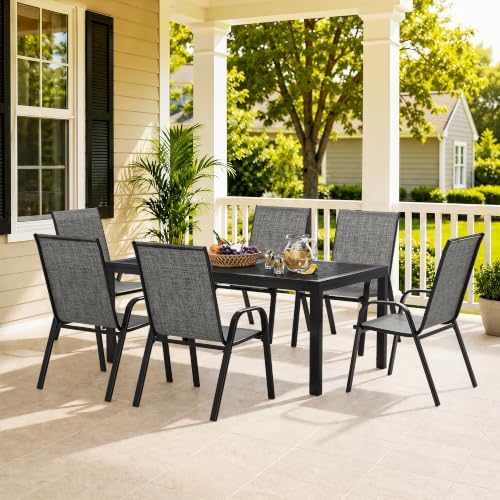 7PCS Patio Dining Set, Steel Table & 6 Textilene Chairs, Charcoal