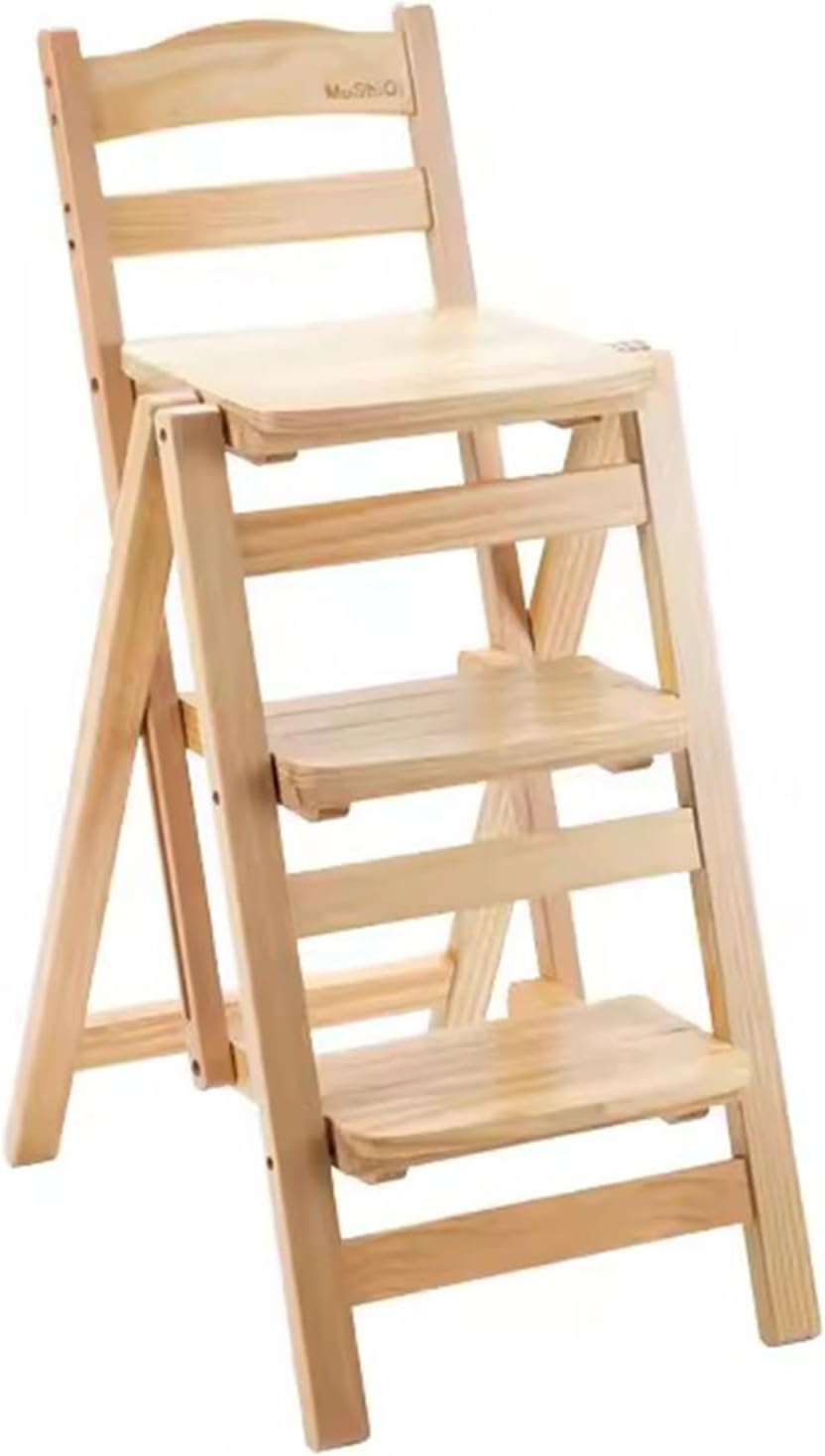 Folding Bar Stool, 3 Step Multifunction Portable Adults Solid Wood Ladder Sto...