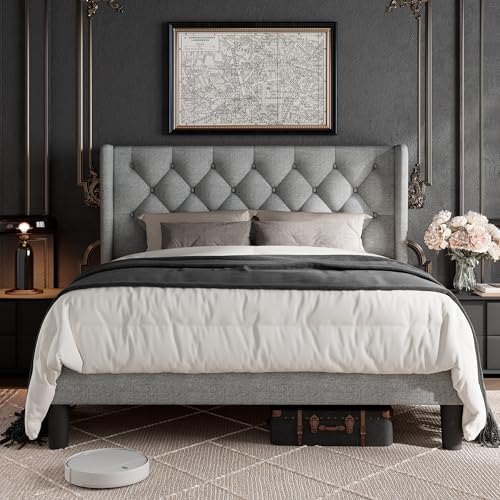 GalnFu Queen Size Bed Frame with Button Tufted Headboard, Upholstered Platfor...
