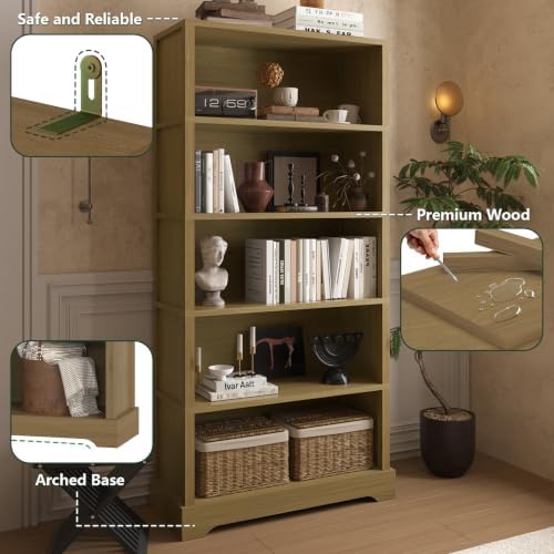 TVU 5 Tiers Wooden Bookshelf, 65.2" Tall Farmhouse Style Open Bookcase, ...