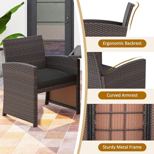 HAPPYGRILL 3 Pieces Patio Wicker Dining Set, Balcony Furniture Set w/Tempered...