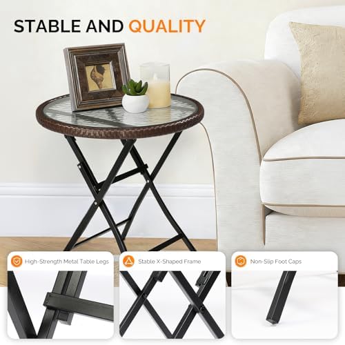 VINGLI 23.6in Modern Brown Rattan Folding Glass Outdoor Side Table, Small Pat...