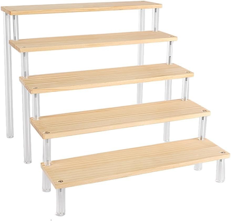 FABULETTA Wooden Ladder Display Rack with for Acrylic Shelves, Multi-Tier Storage Organizer for Collectibles, Cosmetics & Desserts, Rustic Home Decor Stand, Available in 20-50Cm Sizes(1 Layer 30cm)