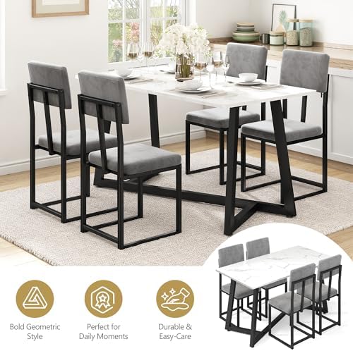 5-Piece Dining Table Set for 4, Modern Faux 47.24" Marble Kitchen Table ...