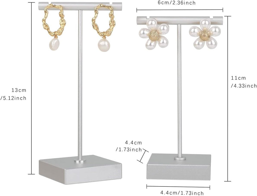 GemeShou 2pcs metal earring holder, Silver T bar earring display stand, mini hangers for earrings Jewelry Photography, earring storage organizer【Silver-Square Base 2pcs Height 4.3 and 5.1 inch】